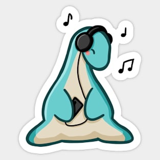 Vibing Long Neck Dino, Dinosaur, Music, Black Sticker